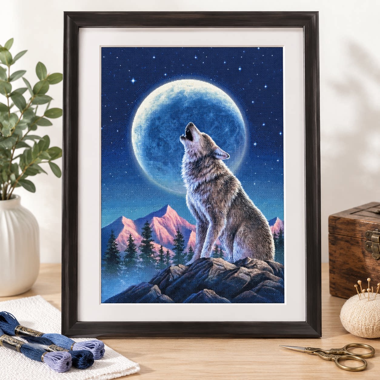Cross Stitch Stamped Kits Beginners - [ZZ9252-Lone Wolf Under the Moon] Kit